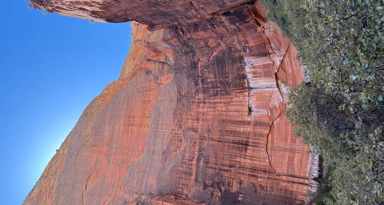 Towering red sandstone canyon wall streaked with darker mineral stains glows under an intense blue sky.