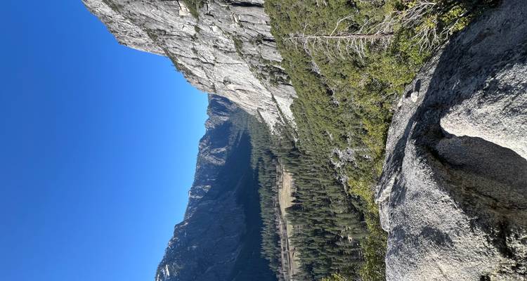 Expansive Yosemite Valley vista with granite walls, forested floor and bright blue sky viewed from a rocky lookout.
