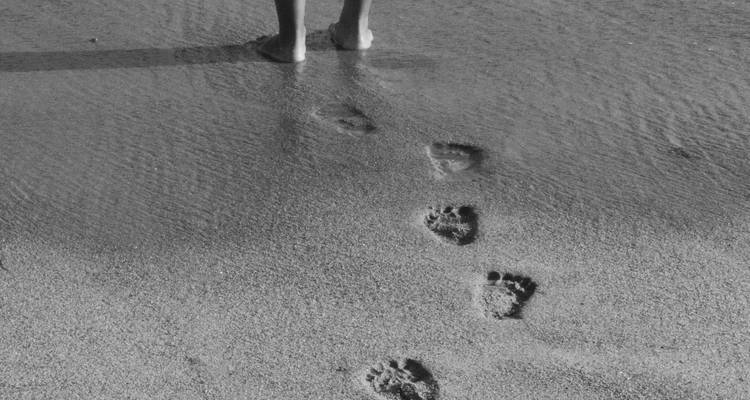 Image en noir et blanc de traces de pas dans le sable mouillé avec une personne debout au bord de l'eau