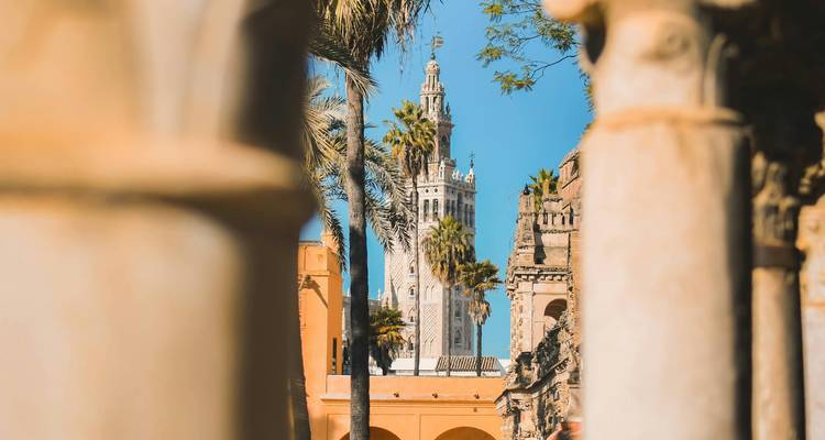 Encadrée par des arches en pierre, la tour Giralda s'élève au milieu des palmiers sous un ciel d'un bleu éclatant.