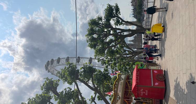 View of the London Eye towering above riverside trees and a small fairground on a partly cloudy day