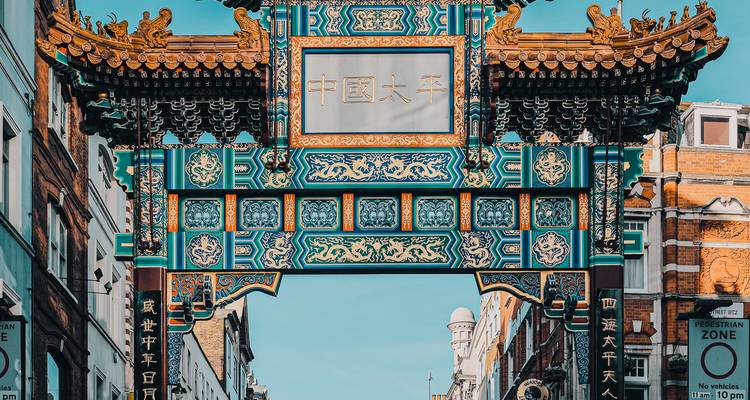Vibrant ornate Chinese gate marking the entrance to London's Chinatown