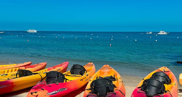 Brightly colored kayaks lined up on a sandy beach facing a calm, deep-blue sea dotted with boats.