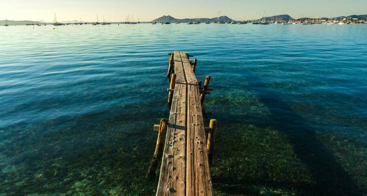 Vieux ponton en bois s'étendant dans les eaux calmes de la baie avec des voiliers lointains et une lumière douce du lever de soleil.
