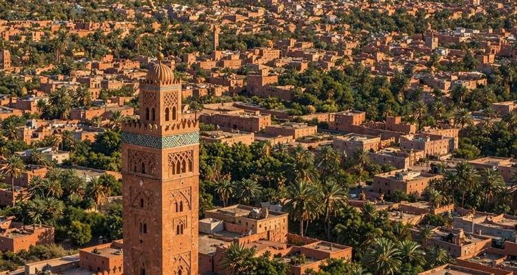 Luchtfoto van een dicht, okerkleurig Marokkaans stadslandschap met een hoge historische minaret die tussen de palmbomen uittorent.