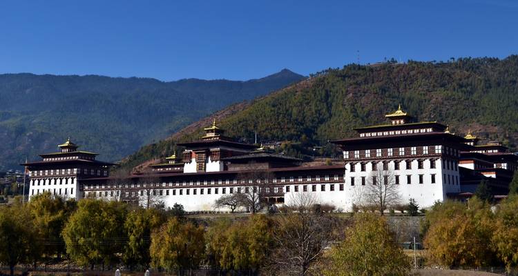 Expansive view of Tashichho Dzong’s white walls and golden roofs backed by forested hills.