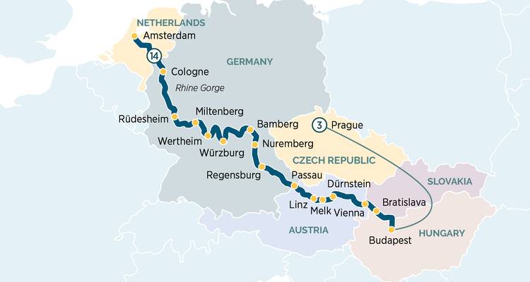 River cruise map from Amsterdam through Germany to Budapest highlighting key cities en route.