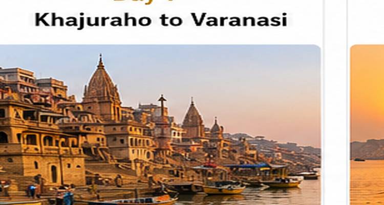 Ausschnitt aus Reiseplan-Folie mit Text "Tag 7 Khajuraho nach Varanasi" über einem kleinen Foto der Varanasi-Ghats.