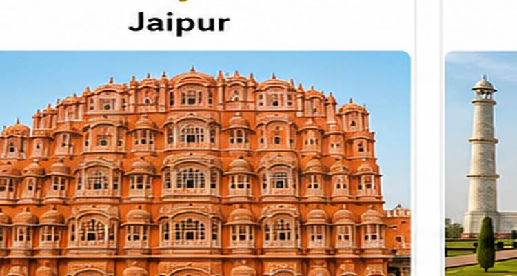 Reiseverlauf-Folie mit der Überschrift "Jaipur" und einem kleinen Foto des Hawa Mahal, umgeben von Textfeldern.