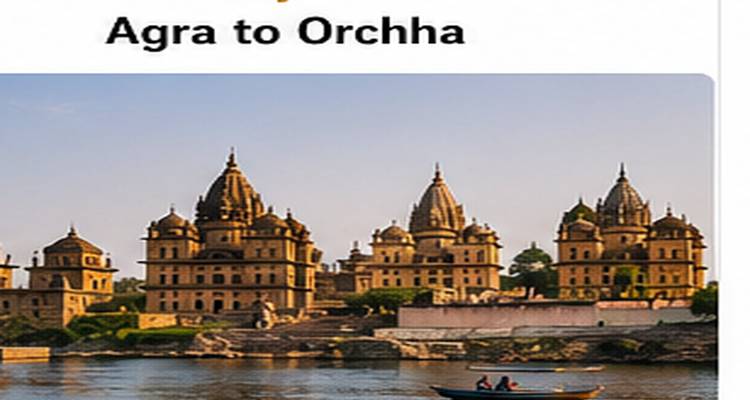 Historische Kenotaph-Türme von Orchha säumen das Flussufer mit einem kleinen Boot auf ruhigem Wasser unter warmen Lichtverhältnissen, umrahmt von einem Reiseplan-Banner-Text oben.