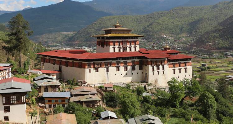 Wide shot of Rinpung Dzong dominating a hill above Paro town and green terraces.