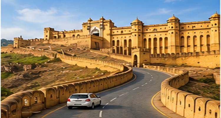 Een kronkelende weg leidt omhoog naar de goudgele bastions van Amber Fort onder een blauwe lucht, met een enkele witte auto die naar de massale poort rijdt.