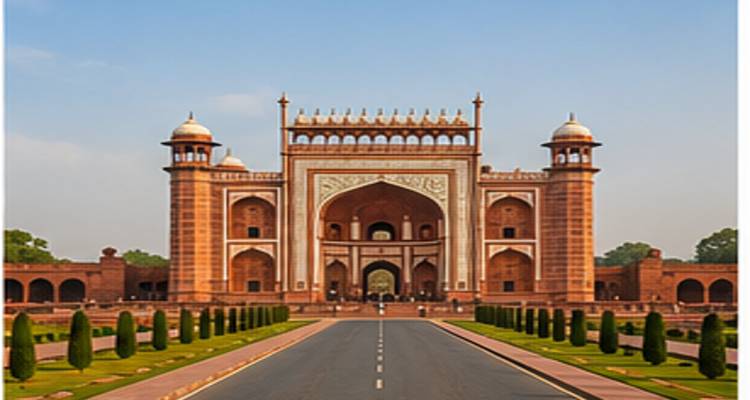 De imposante rode zandstenen poort naar het Taj Mahal complex staat aan het einde van een verzorgde laan met cipresboomen erlangs.