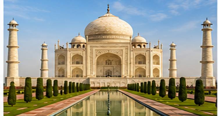De Taj Mahal glanst elfenbeinwit, weerspiegeld in het lange centrale bassin omzoomd door symmetrische tuinen onder een zachte blauwe hemel.