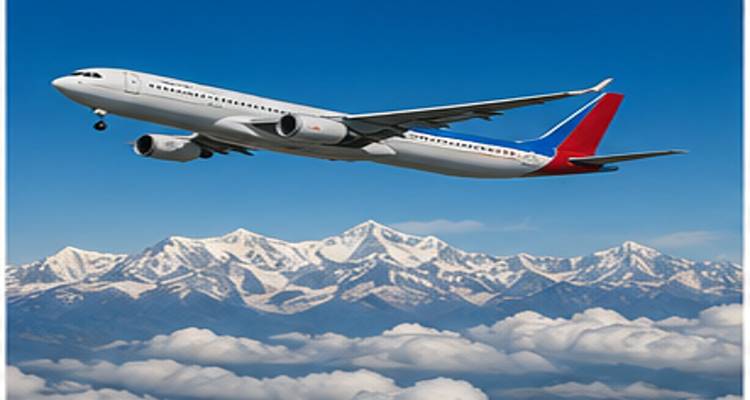 Een commercieel vliegtuig schiet omhoog boven sneeuwwitte Himalaya-toppen die boven een deken van wolken uitsteken in een helder blauwe lucht.