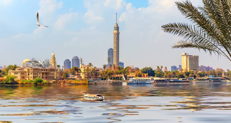 La Torre del Cairo se eleva sobre el río Nilo enmarcada por frondas de palmera y una feluca navegando bajo cielos brillantes.