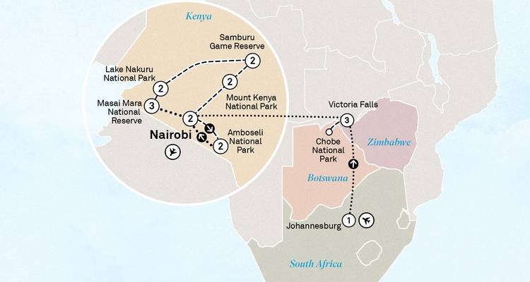 Mapa ampliado del itinerario del sur de África superpuesto sobre el contorno continental.