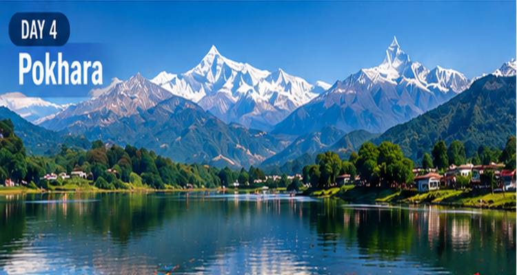Breite Panoramaaufnahme des Pokhara-Sees und der Annapurna-Gipfel mit der Bezeichnung Tag 4.