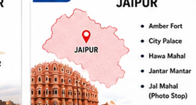 Reiseroute-Folie für Jaipur mit einer Kartenskizze und einer Liste der wichtigsten Sehenswürdigkeiten.
