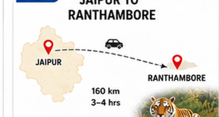 Folie zeigt Reiseroute von Jaipur nach Ranthambore mit Autosymbol und Entfernung.