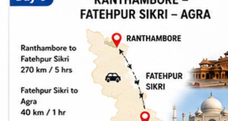 Routenkarte von Ranthambore nach Fatehpur Sikri nach Agra mit Entfernungen und Symbolen.