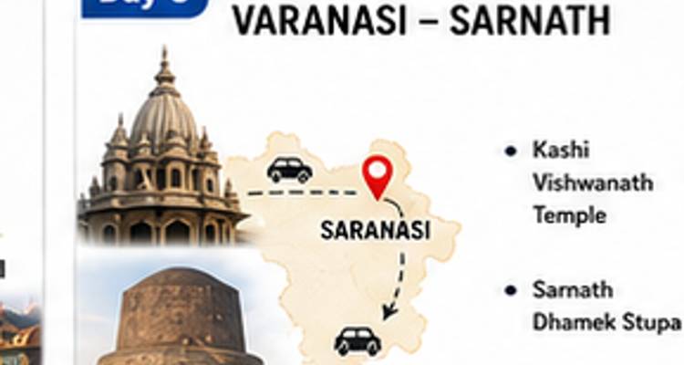 Tageskarte von Varanasi nach Sarnath mit kleiner Fahrtroute auf einer beigefarbenen Karte.