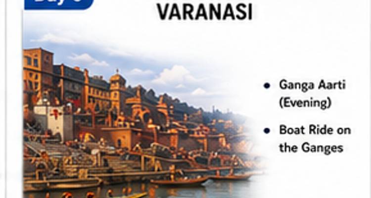 Grafikfeld, das Aktivitäten in Varanasi mit einer Illustration von Ghats und einer Aufzählungsliste hervorhebt.
