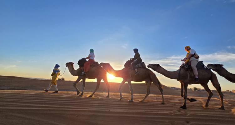 A line of camel riders trek across golden Sahara dunes at sunset with the sun shining between the animals.