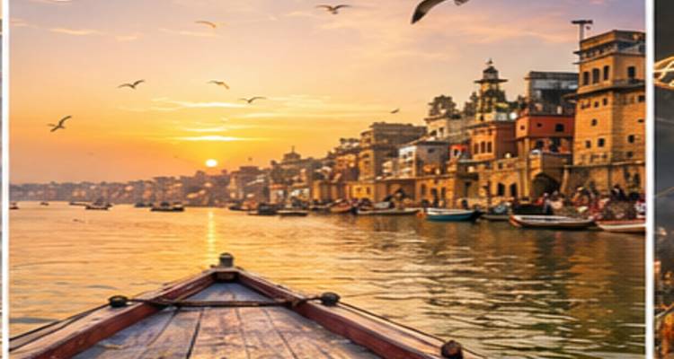 Holzbootausblick auf dem Ganges bei Sonnenaufgang mit Varanasi-Ghats, die das Ufer säumen.