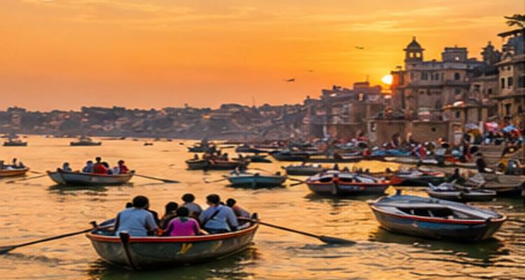 Überfüllte Ruderboote auf dem Ganges bei Sonnenuntergang mit der Altstadt von Varanasi im Hintergrund.