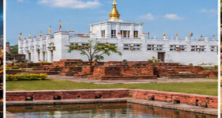 Der weiße Maya-Devi-Tempel in Lumbini mit einem Teich und gepflegten Grünanlagen davor.