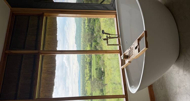 Moderne freistehende Badewanne, die vor einem breiten Fenster mit weitreichendem Ausblick auf die Savanne positioniert ist.