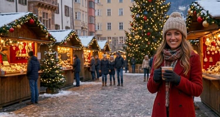 Lächelnde Frau in Winterkleidung hält ein heißes Getränk auf einem schneebedeckten Weihnachtsmarkt.
