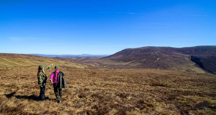 Dos caminantes están de pie en páramo abierto señalando hacia las distantes montañas de las Highlands bajo un cielo despejado.