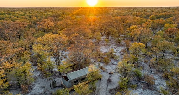 Sunrise over remote tented camp amid autumn woodland viewed from above