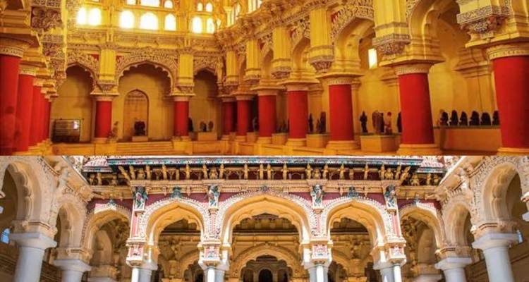 Collage of ornate arches and columns inside a historic Indian palace with warm lighting.
