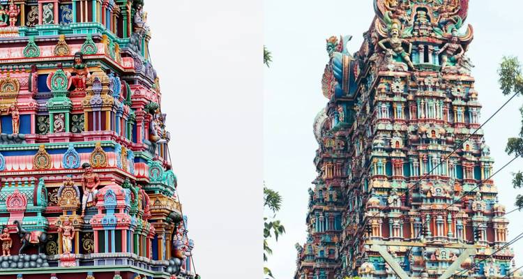 Side-by-side images of two colorful South Indian temple towers on a white sky backdrop.