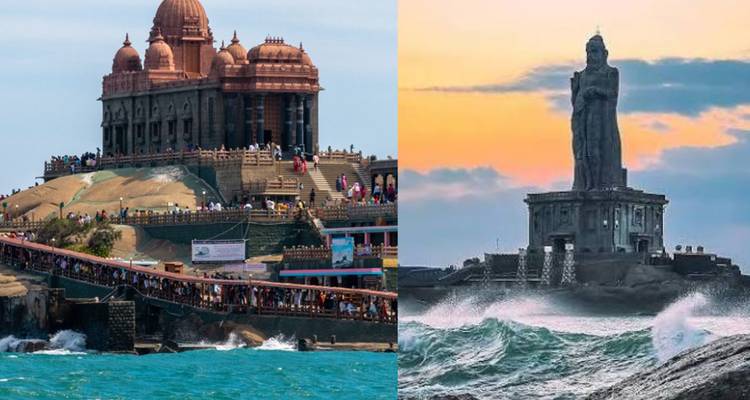 Dual-panel collage showing the Vivekananda Rock Memorial and Thiruvalluvar Statue amid ocean waves.
