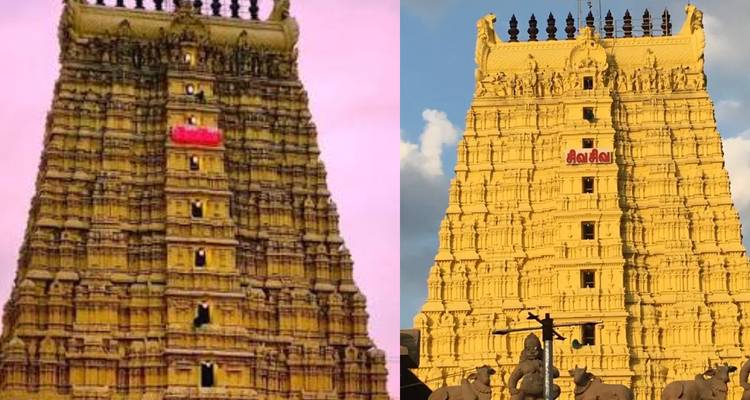 Split image of a tall golden temple tower against two different sky backgrounds.