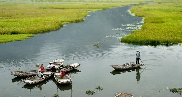 De petits bateaux en bois avec des habitants se rassemblant sur une rivière sinueuse au milieu de vastes zones humides verdoyantes dans la province de Ninh Binh.