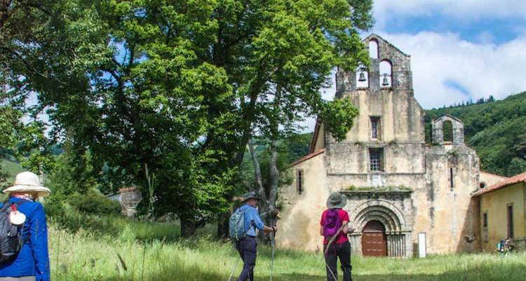 Peregrinos con bastones de senderismo acercándose a una antigua iglesia de piedra rodeada de árboles exuberantes