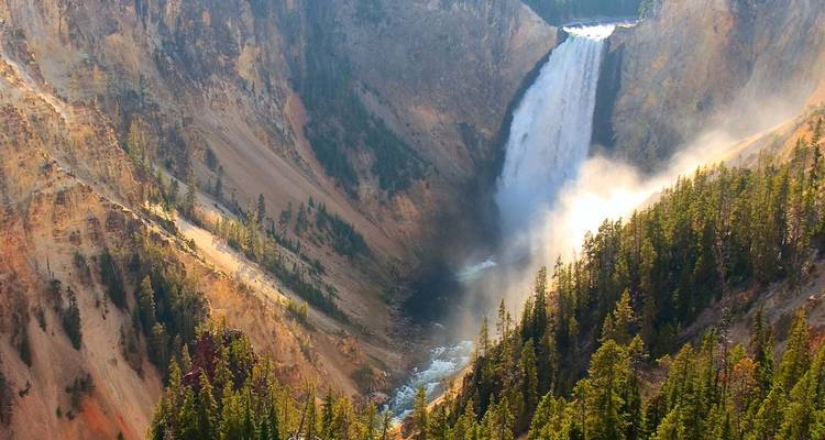 Une puissante cascade se jette dans un canyon aux couleurs vives entouré d'une forêt de conifères.