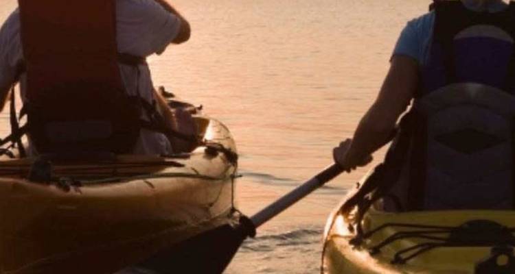 Deux kayakistes de mer pagaient au coucher du soleil sur des eaux dorées et calmes.