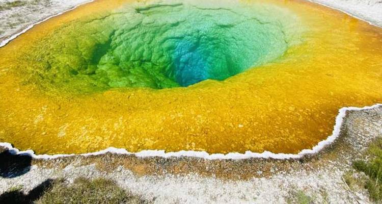 Source thermale arc-en-ciel vibrante avec un centre émeraude et une bordure orange doré à Yellowstone