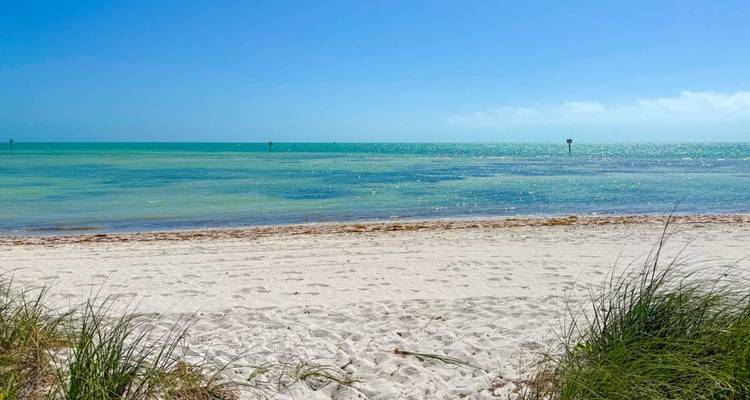 Maagdelijk wit zandstrand ontmoet helder turquoise zee onder een wolkenloze blauwe hemel.