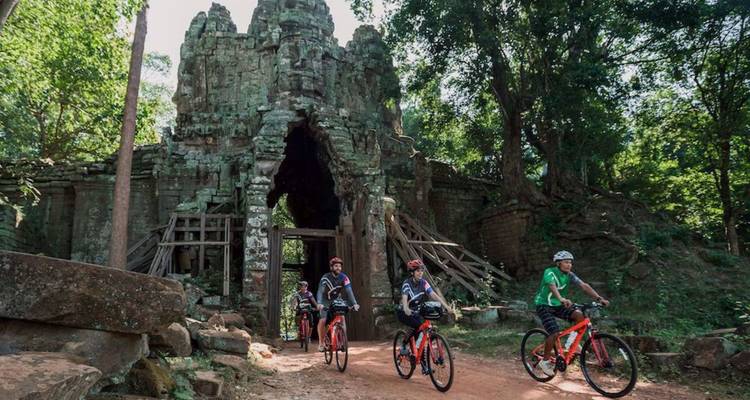 Cyclists ride bright orange bikes past a weathered stone gate enveloped by jungle vines at Angkor