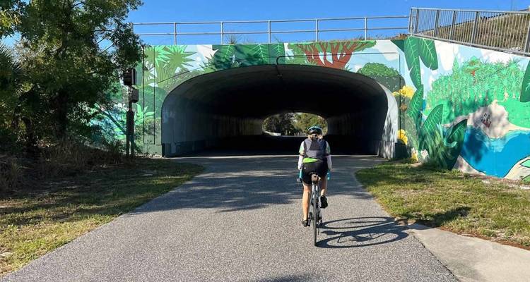 Een fietser rijdt een kleurrijk geschilderde ondergang in op een zonnig verharde route.