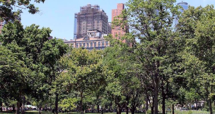 Stadspark vol groene bomen met wolkenkrabbers op de achtergrond