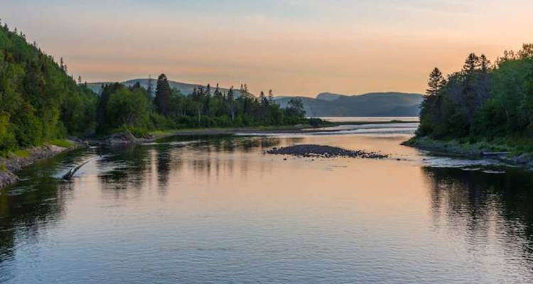 Large fleuve tranquille reflétant des ciels pastel au coucher du soleil avec des rives boisées