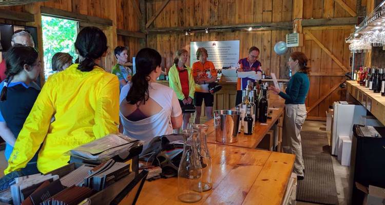 Un groupe de dégustation de vin se rassemble autour d'un bar en bois rustique à l'intérieur d'une cave de style grange bordée de bouteilles.